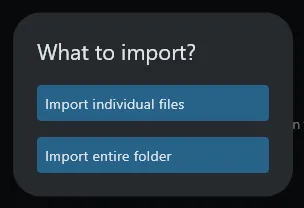 Import audio dialog, offering a choice between individual files and a whole folder