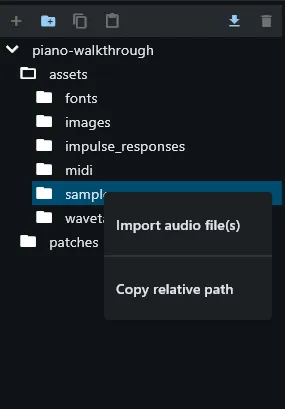 Right-clicking the samples folder to start the import
