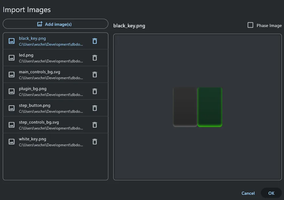 Import dialog with all images loaded in the list
