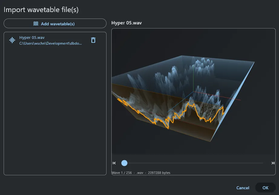Import wavetable dialog with interactive preview of Hyper 05