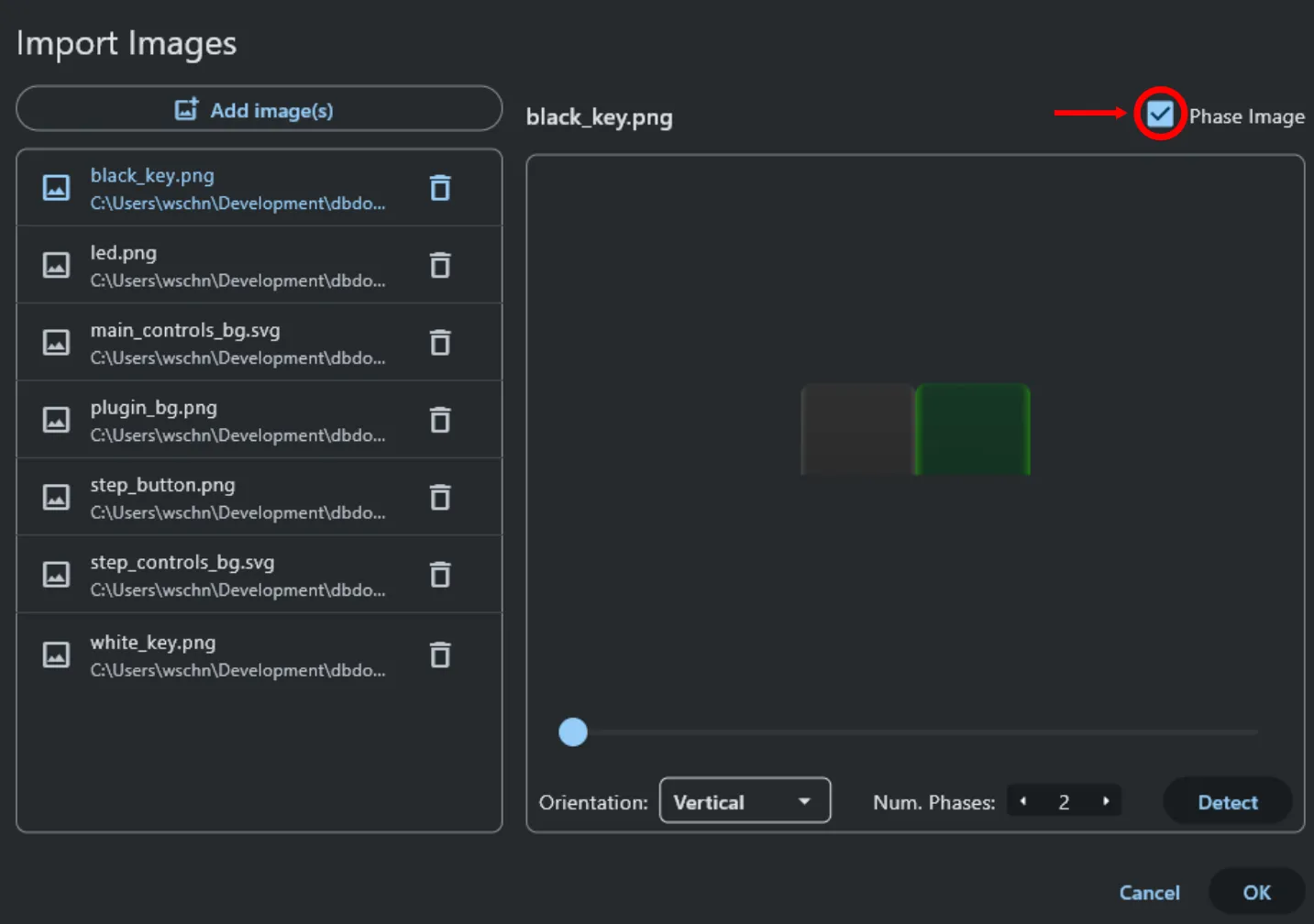 Phase Image checkbox activated; editor defaulting to vertical layout