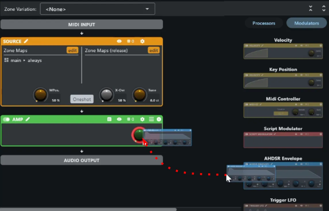 Dragging an AHDSR Envelope onto the Amp's Vol. knob