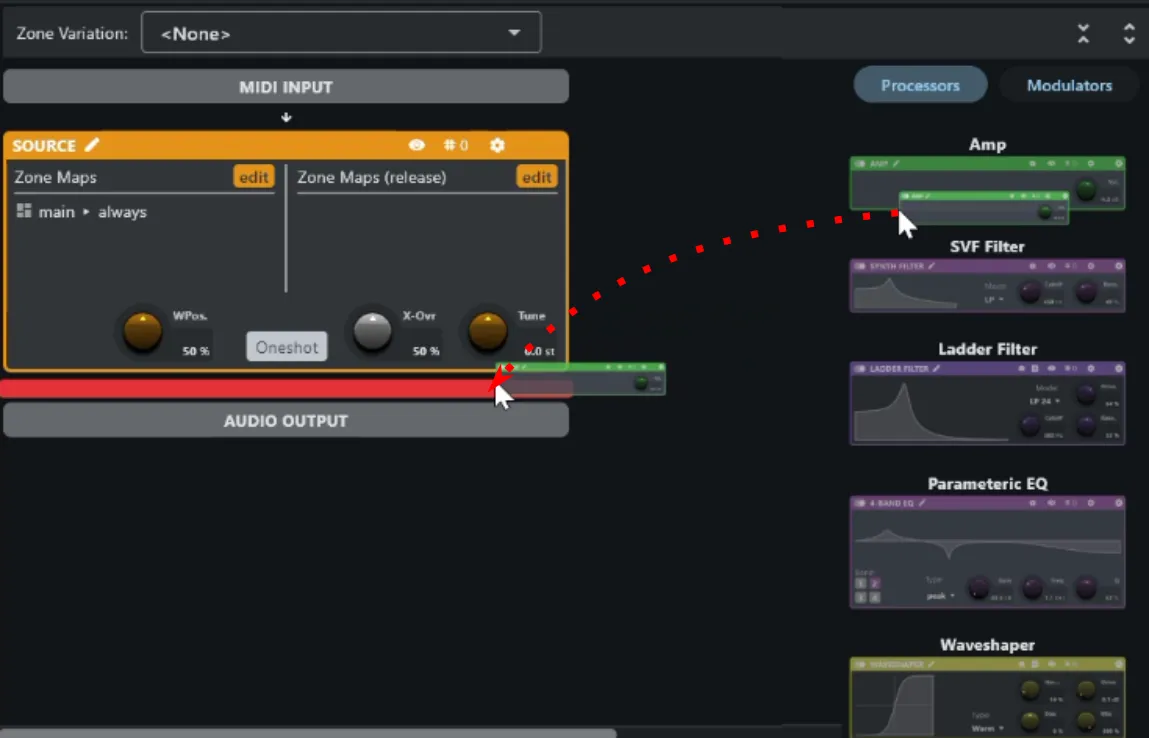 Dragging an Amp processor in below the source