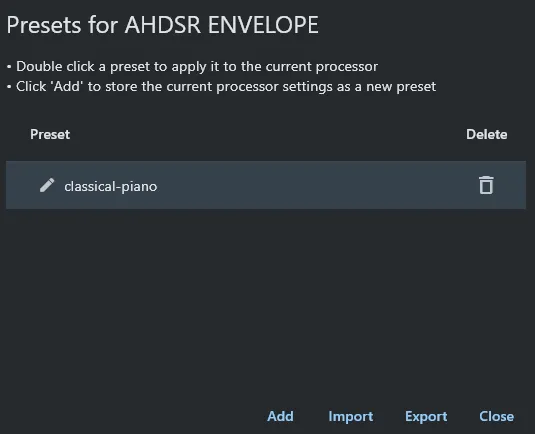 Newly imported preset applied to the envelope