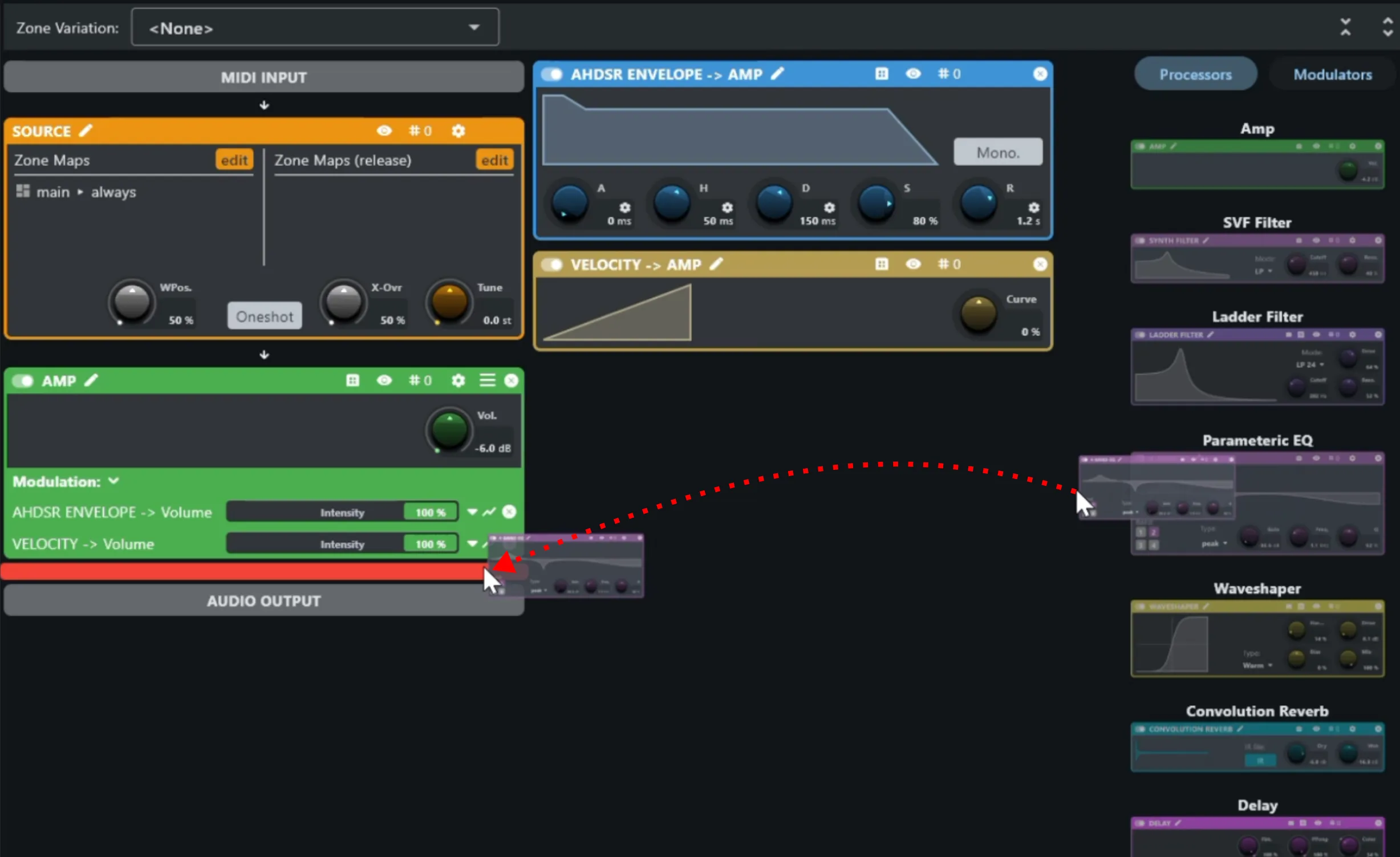 Dragging an EQ processor into the chain, below the amp