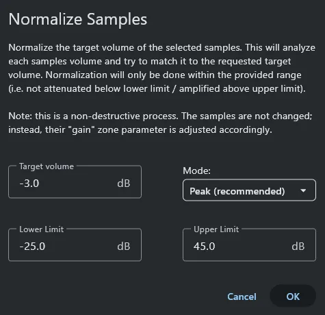 Normalize volume dialog