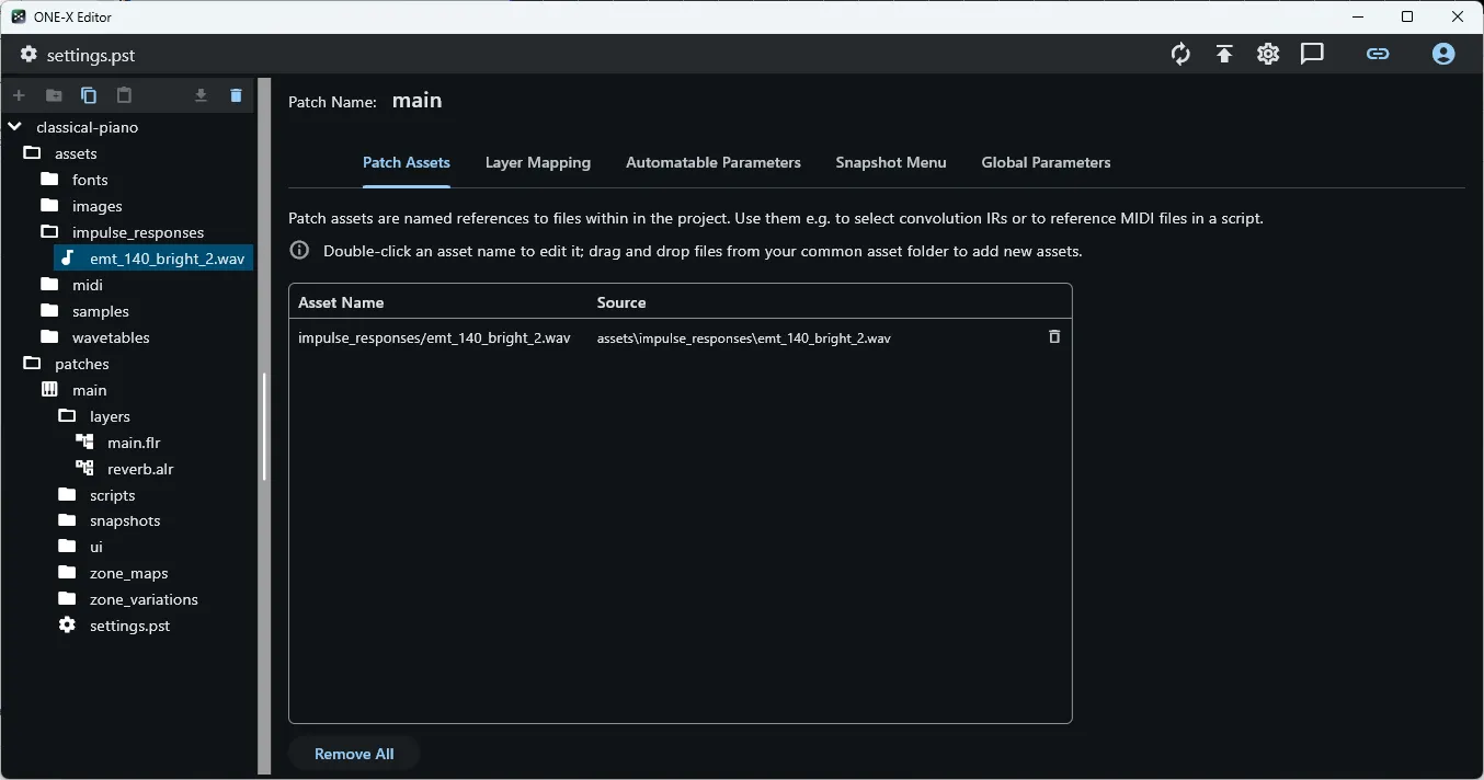 IR sample dragged into the Patch Assets list, appearing as a new row