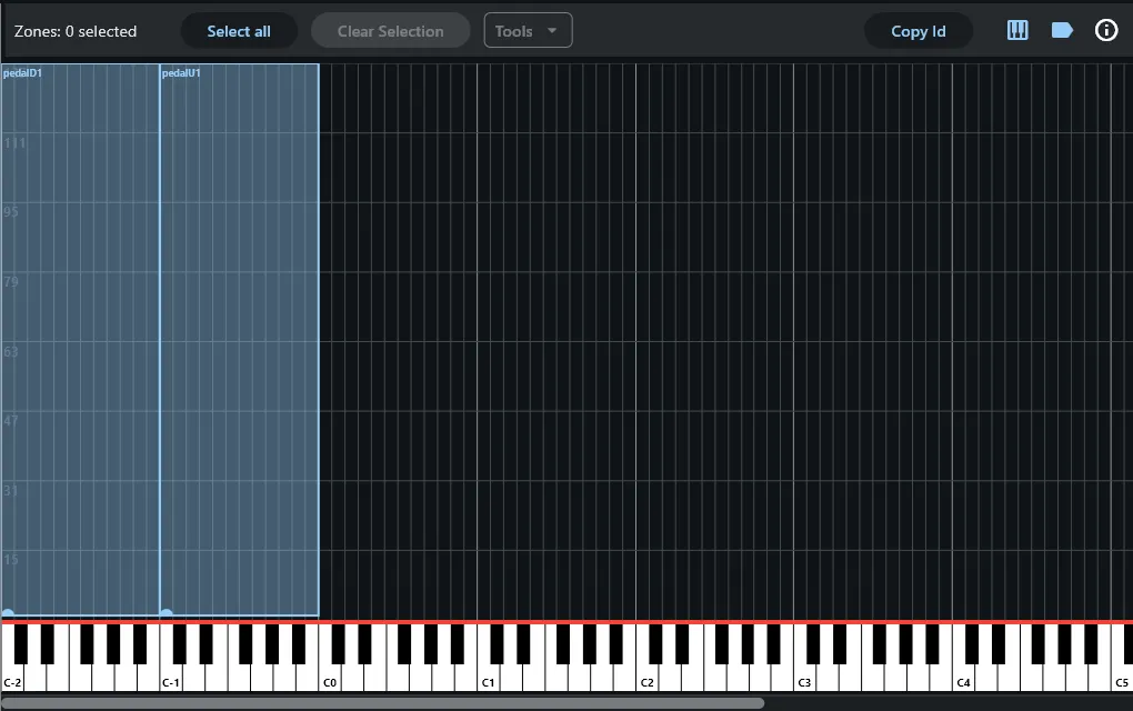 Pedal zone map with pedalD1 and pedalU1 placed in their own octaves
