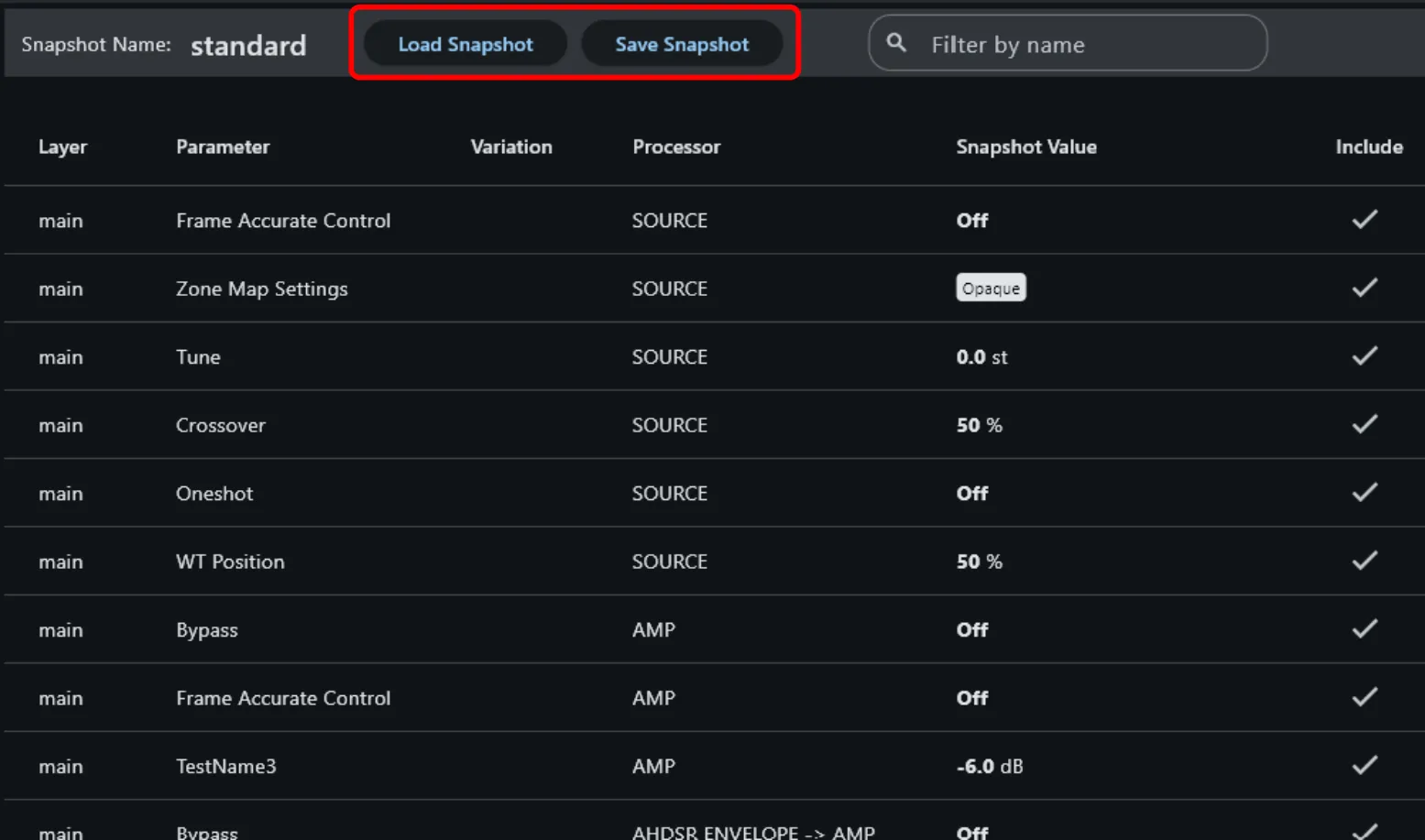 Save Snapshot and Load Snapshot buttons at the top of the snapshot editor