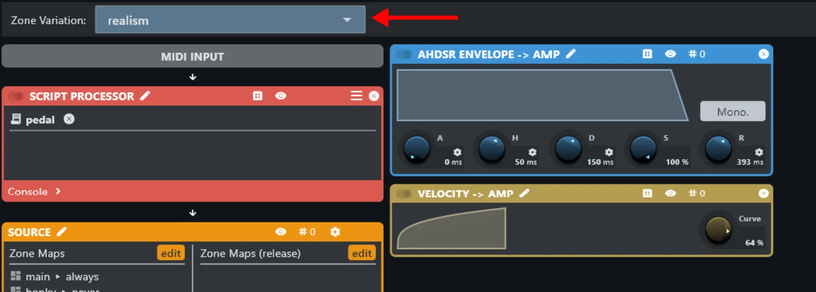 Zone variation selector at the top of the layer editor