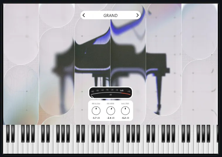 Completed main form — background, keyboard, meter, main controls, and model selector