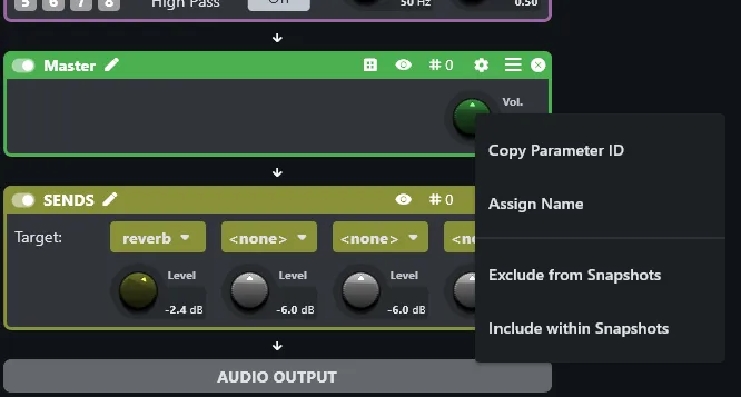 Context menu on the Master amp's Vol. knob, with Assign Name and Exclude from Snapshots