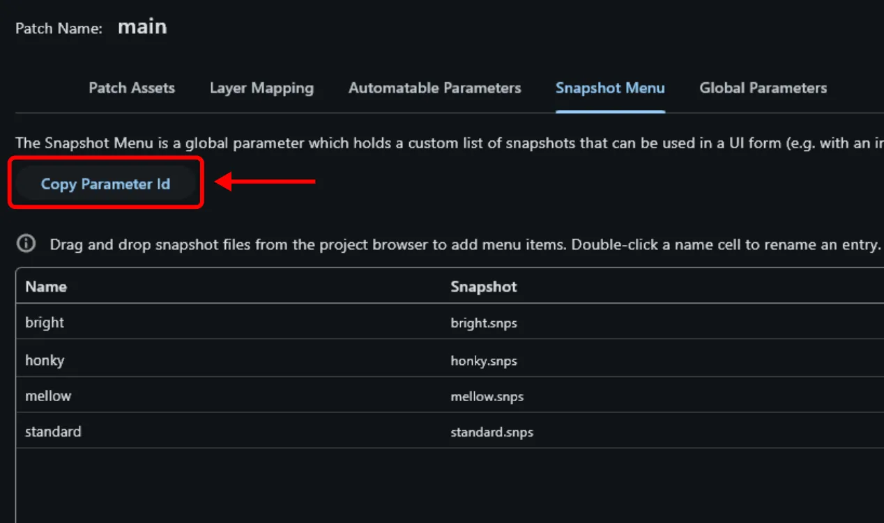Copy Parameter Id button above the Snapshot Menu list