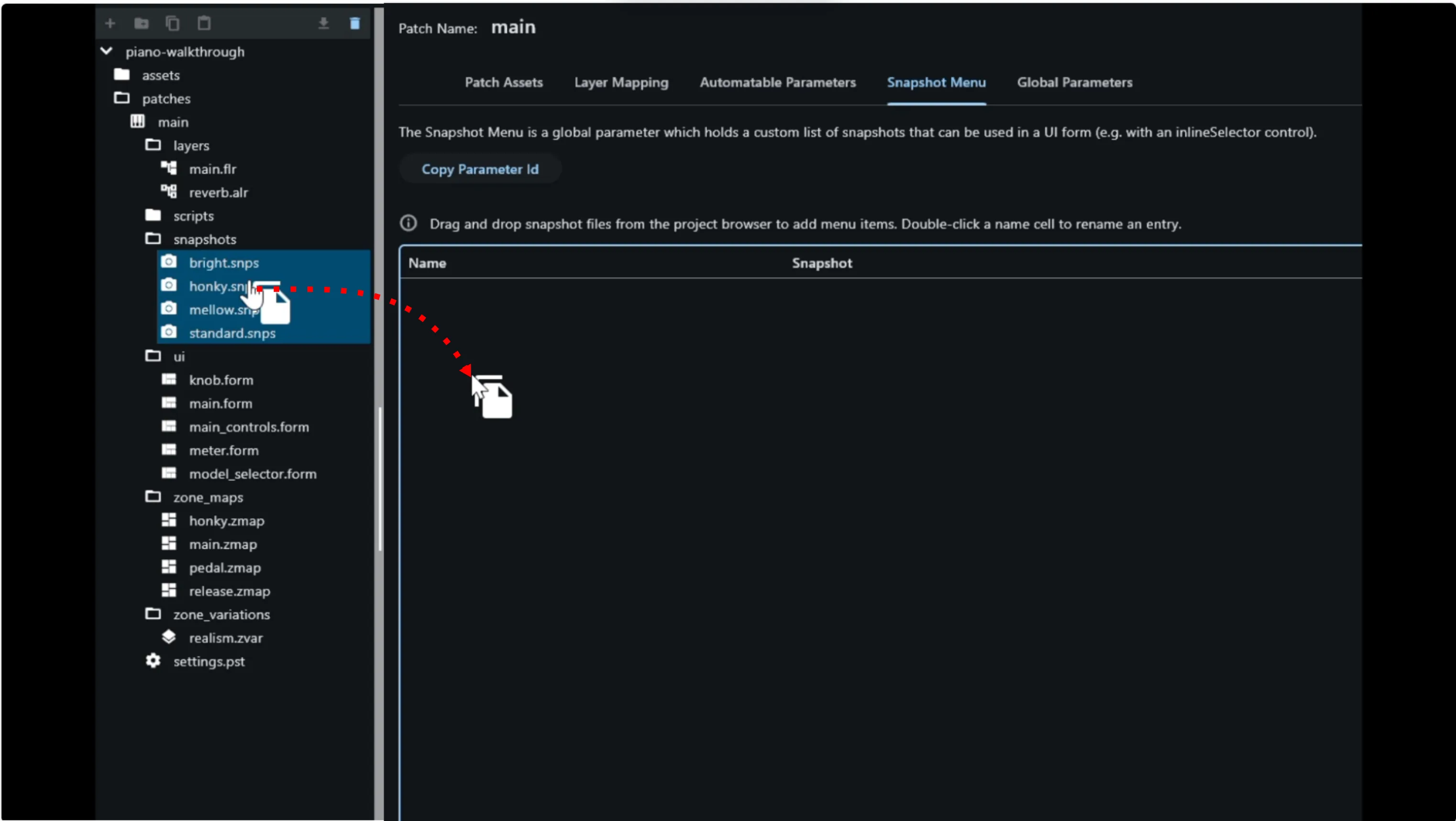 Dragging all four snapshot files into the Snapshot Menu list