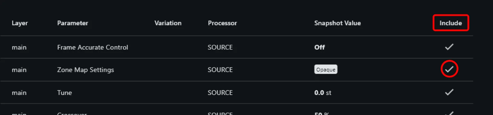 Snapshot editor's per-parameter enable/disable column