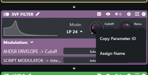 Assigning a name to the SVF filter Cutoff knob