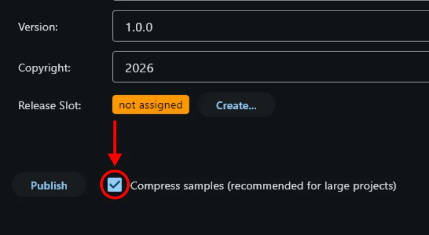 Compress Samples checkbox enabled in the publish dialog