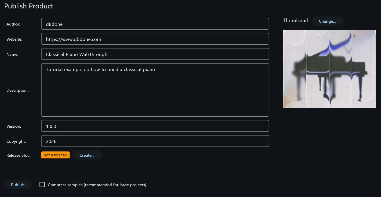Publish dialog with metadata fields filled in