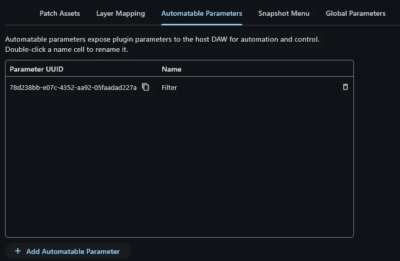 Automatable Parameters tab with Filter entry added
