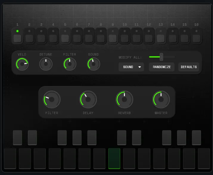 Main form with all panels in place — step grid, per-step controls, global controls, keyboard