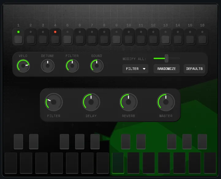 Finished instrument with visualizer animating behind the controls